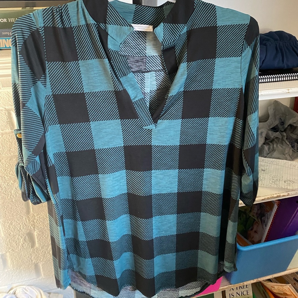 Chic Soul “Colorado Living” Teal Buffalo Plaid Top